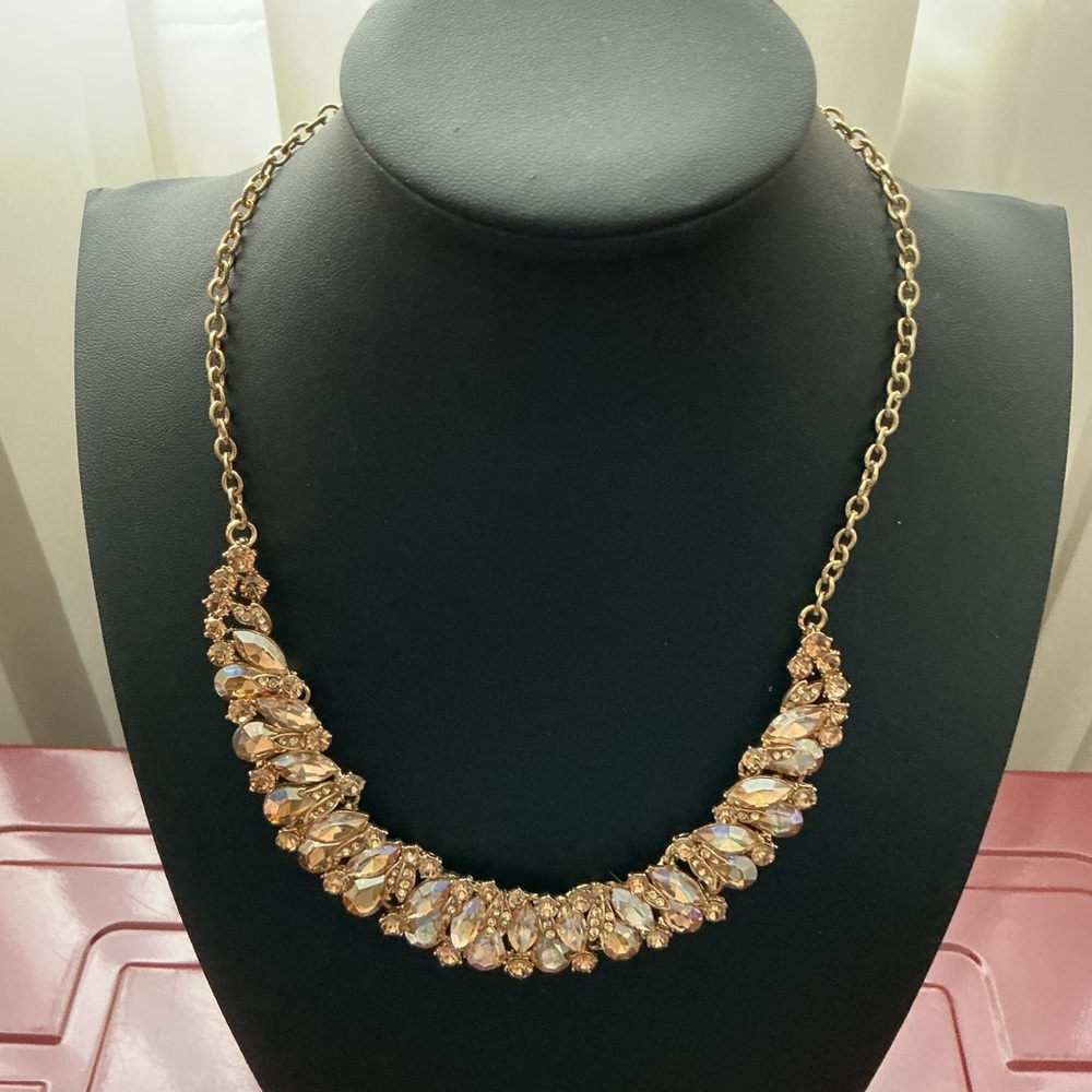 Champagne Rhinestone Gold Tone Bib Necklace